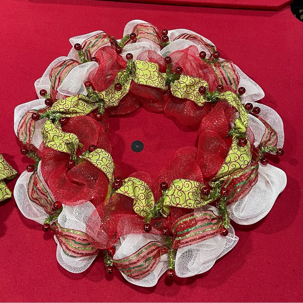 Handmade Christmas Deco Mesh Wreath with Lime Green Swirl Ribbon and Red Berries